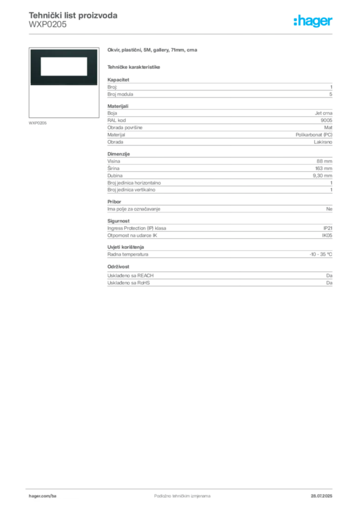 Slika Hager Product data sheet WXP0205  | Hager