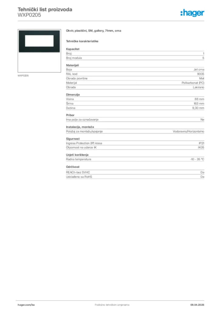 Slika Hager Tehnički list proizvoda WXP0205  | Hager