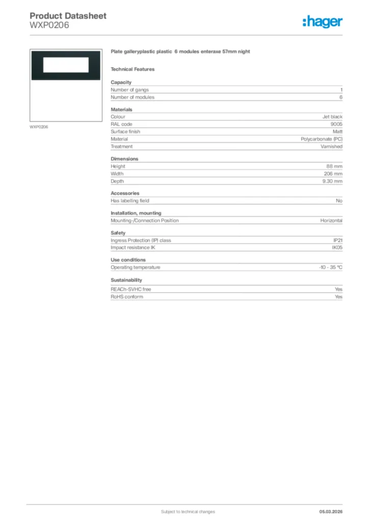 Image Hager Product data sheet WXP0206  | Hager Africa
