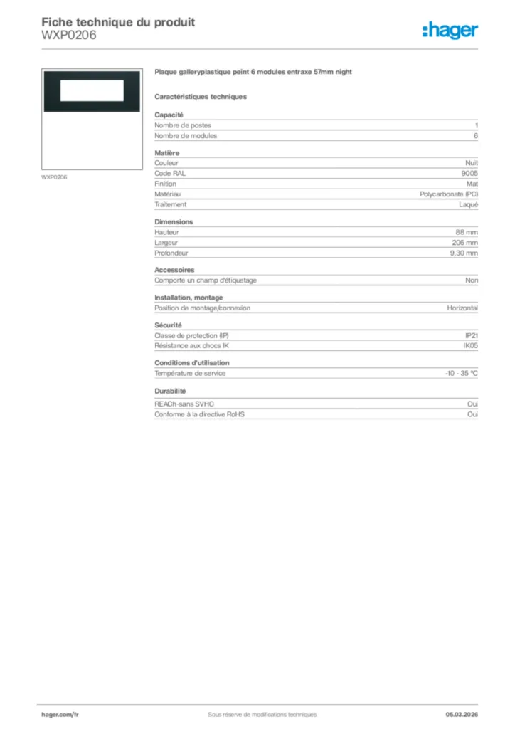 Image Hager Fiche technique du produit WXP0206 | Hager France