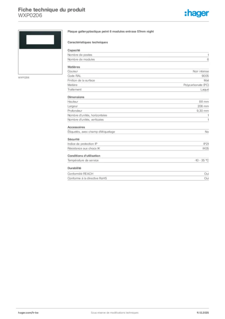 Image Hager Fiche technique du produit WXP0206 | Hager Belgique