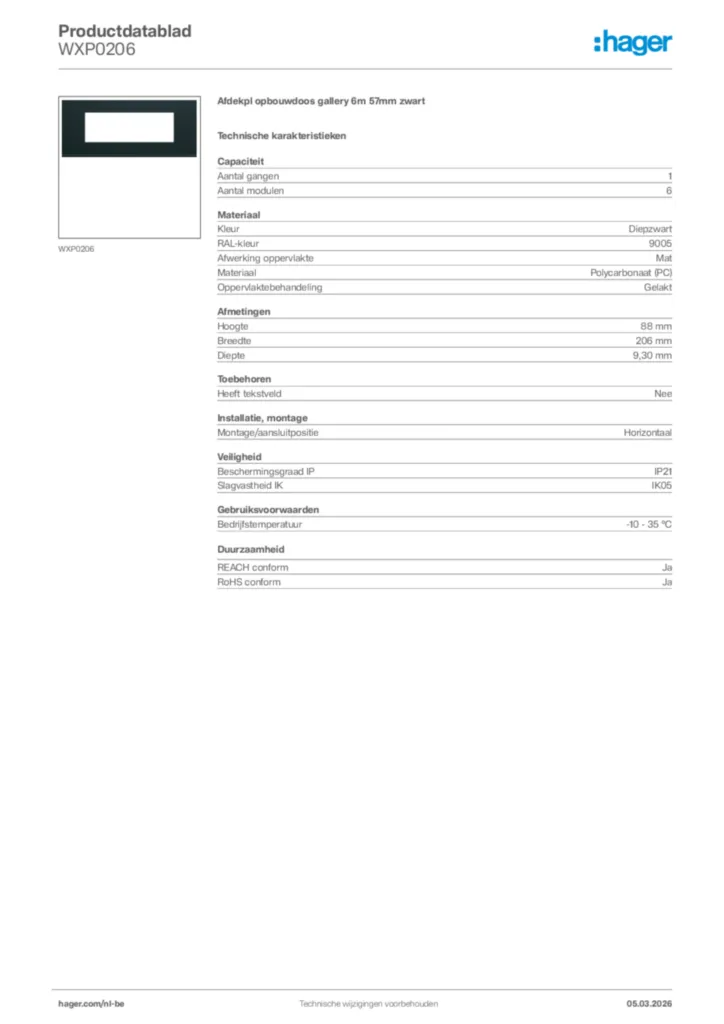 Afbeelding Hager Productdatablad WXP0206 | Hager Belgium