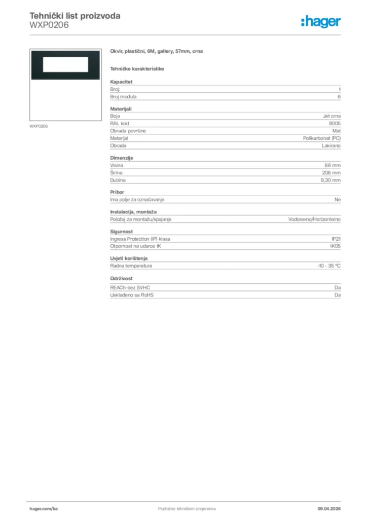 Slika Hager Tehnički list proizvoda WXP0206  | Hager