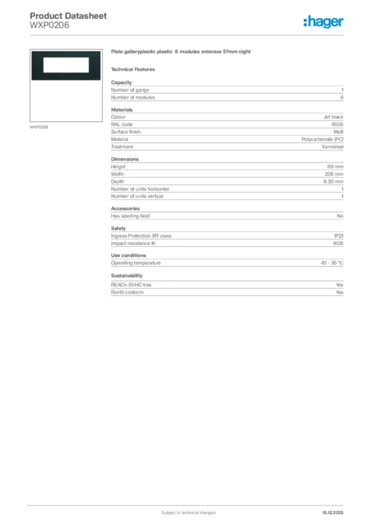 Image Hager Product data sheet WXP0206  | Hager