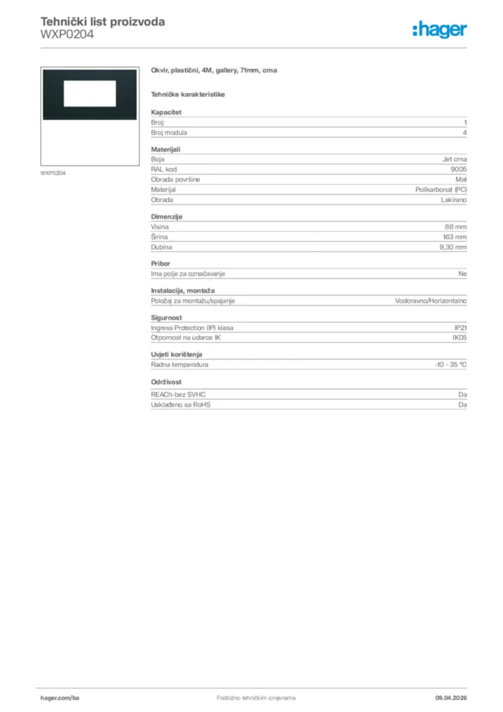 Slika Hager Tehnički list proizvoda WXP0204  | Hager