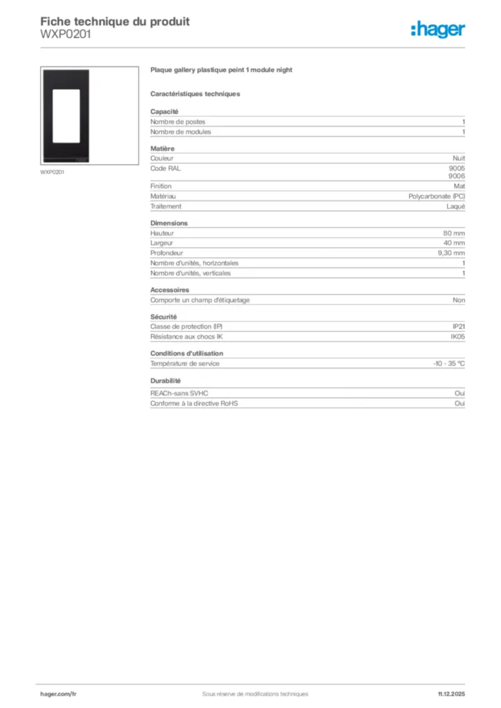 Image Hager Fiche technique du produit WXP0201 | Hager France