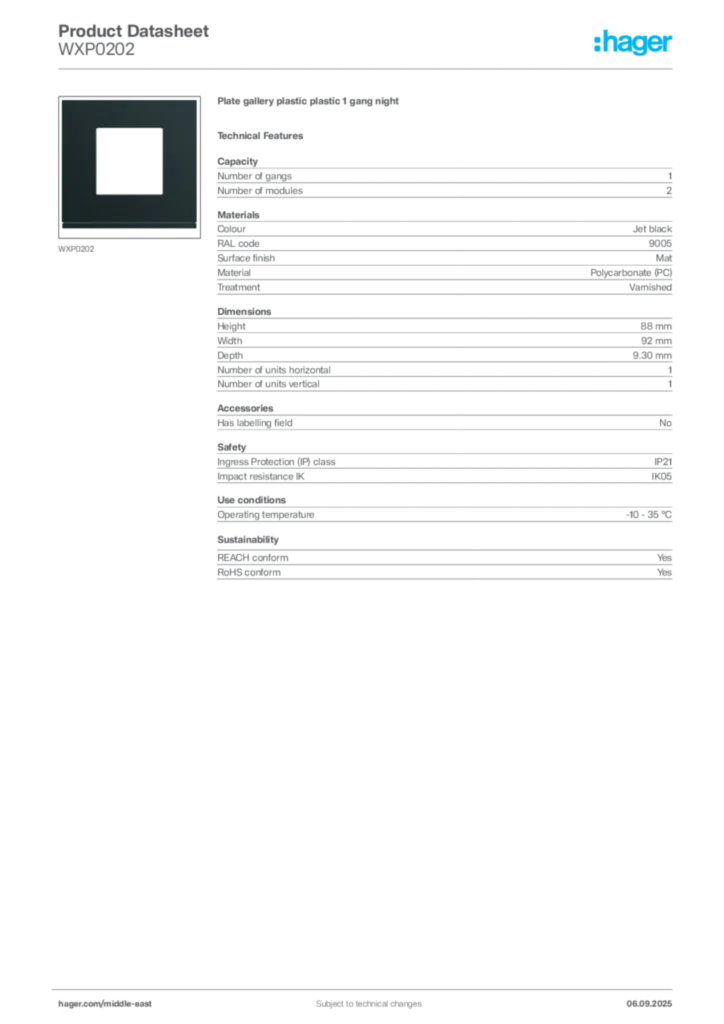 Image Hager Product data sheet WXP0202  | Hager