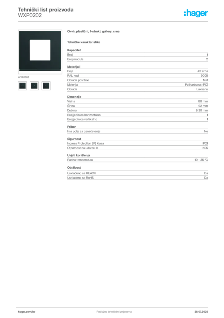 Slika Hager Product data sheet WXP0202  | Hager