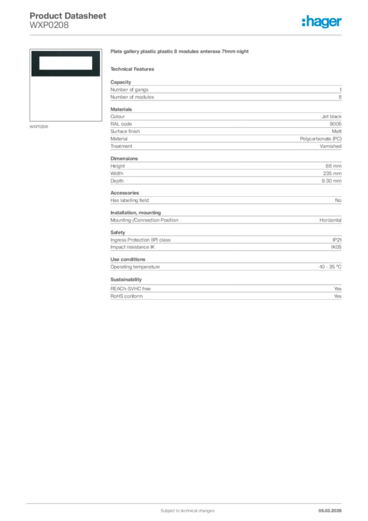 Image Hager Product data sheet WXP0208  | Hager Africa