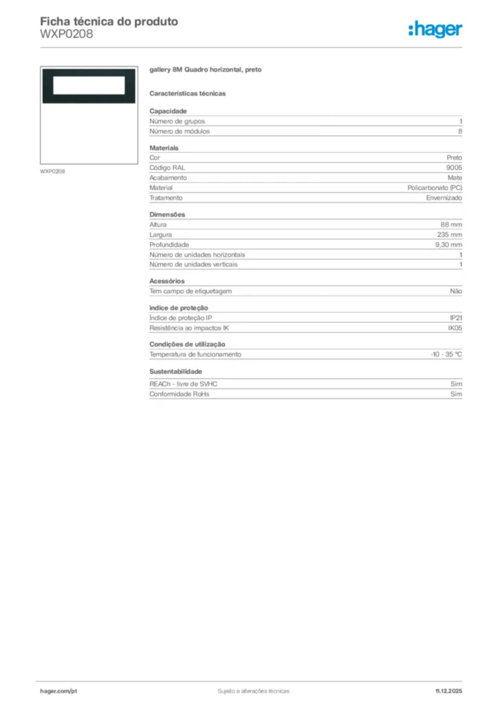 Imagem Hager Ficha técnica do produto WXP0208 | Hager Portugal