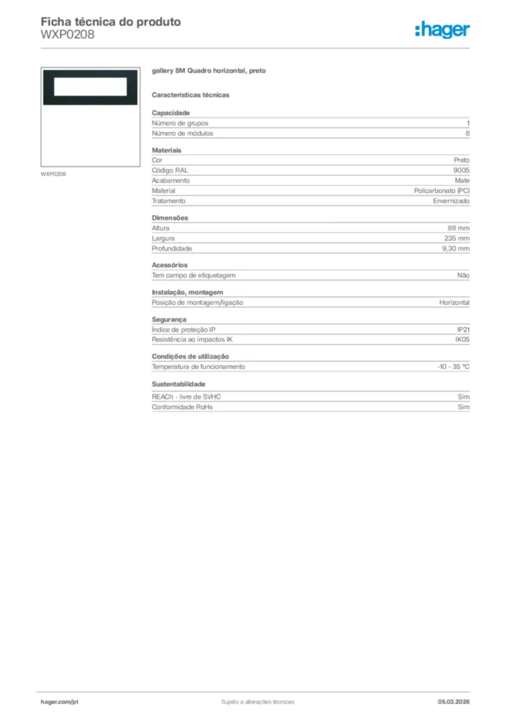 Imagem Hager Ficha técnica do produto WXP0208 | Hager Portugal