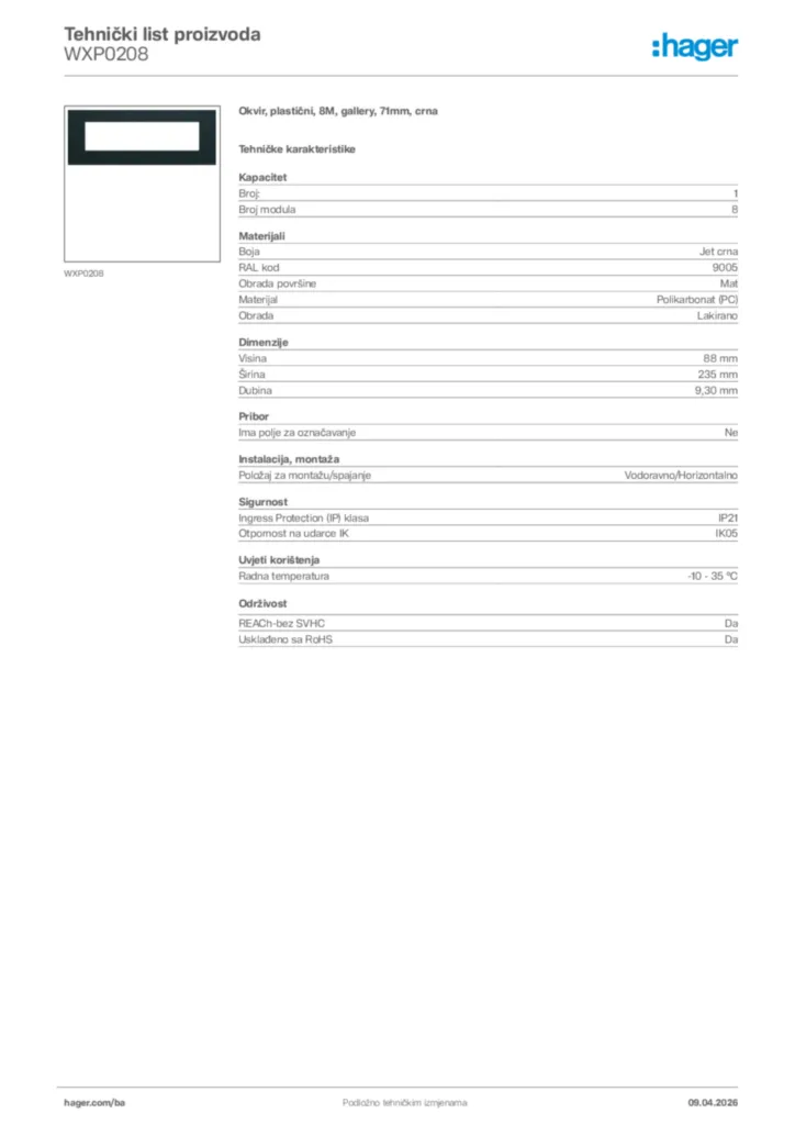 Slika Hager Tehnički list proizvoda WXP0208  | Hager