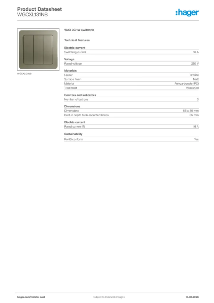 Image Hager Product data sheet WGCXL131NB  | Hager