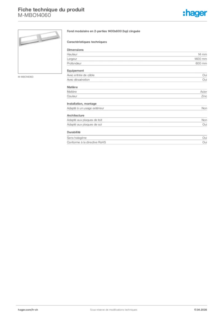 Image Hager Fiche technique du produit M-MBO14060 | Hager Suisse