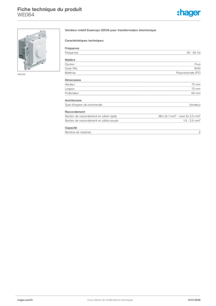 Image Hager Fiche technique du produit WE064 | Hager France