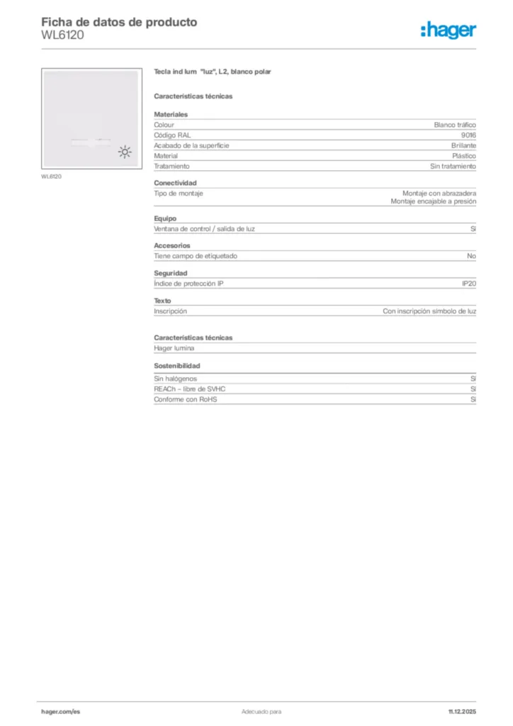 Imagen Hager Ficha de datos de producto WL6120 | Hager España