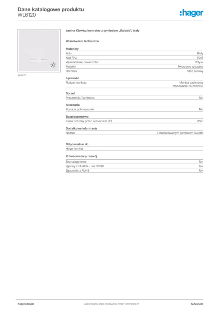 Zdjęcie Hager Karta katalogowa WL6120 | Hager Polska