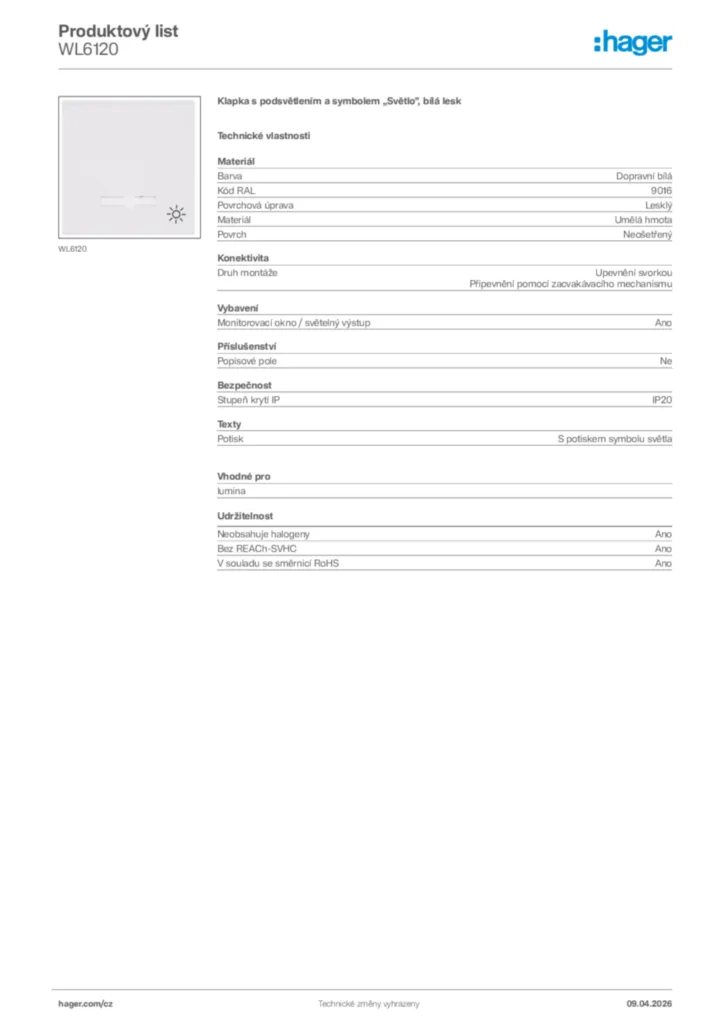 Obrázek Hager Product data sheet WL6120 | Hager