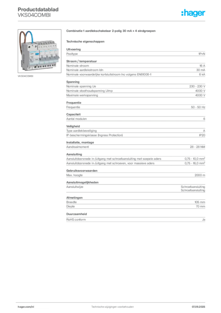 Afbeelding Hager Productdatablad VKS04COMBI | Hager Nederland
