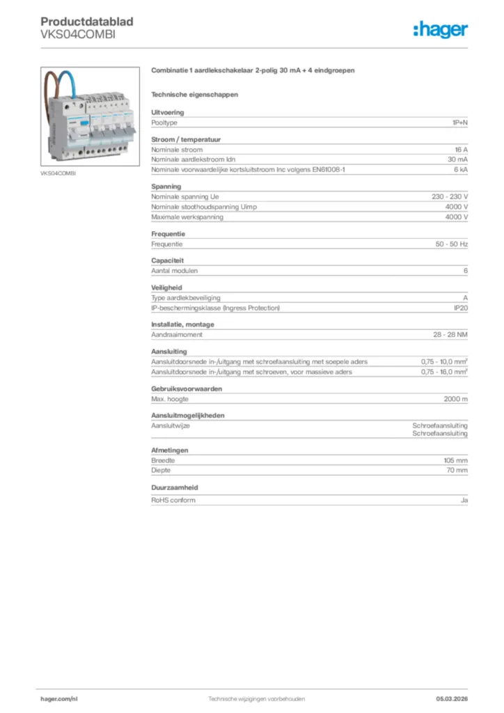 Afbeelding Hager Productdatablad VKS04COMBI | Hager Nederland