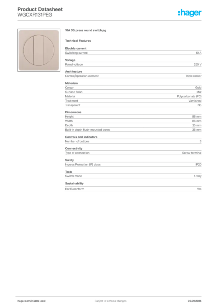 Image Hager Product data sheet WGCXR131PEG  | Hager