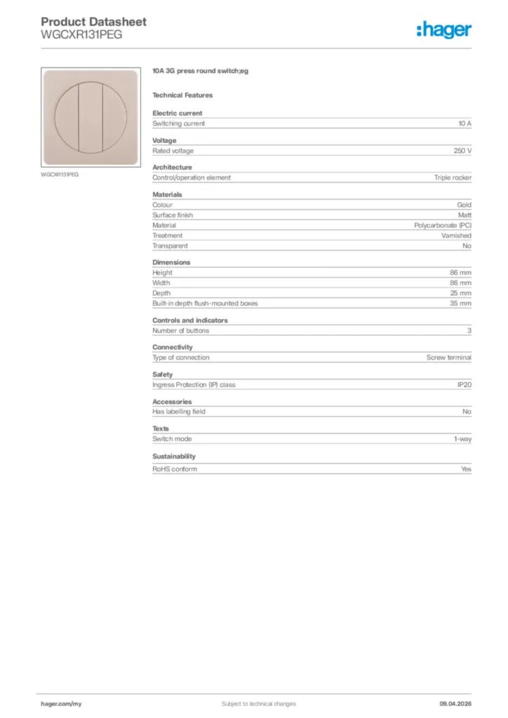 Image Hager Product data sheet WGCXR131PEG  | Hager