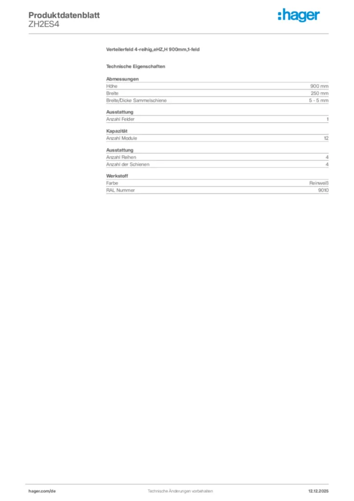 Bild Hager Produktdatenblatt ZH2ES4 | Hager Deutschland