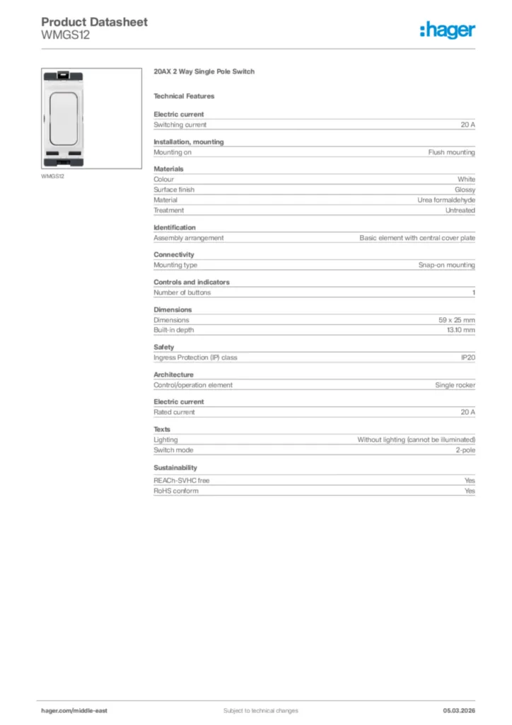 Image Hager Product data sheet WMGS12  | Hager