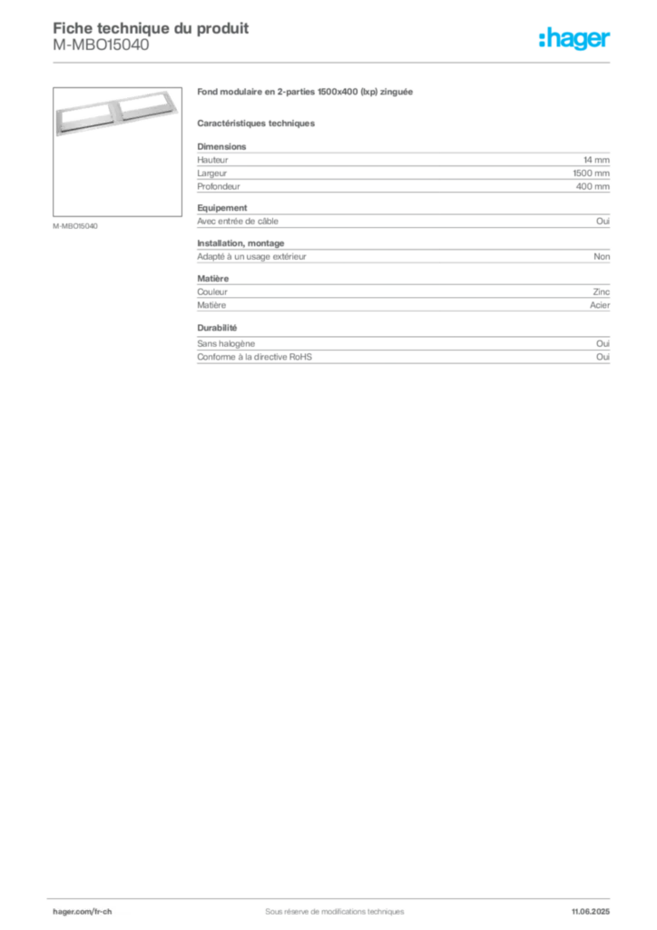 Image Hager Fiche technique du produit M-MBO15040 | Hager Suisse