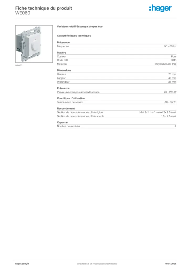 Image Hager Fiche technique du produit WE060 | Hager France