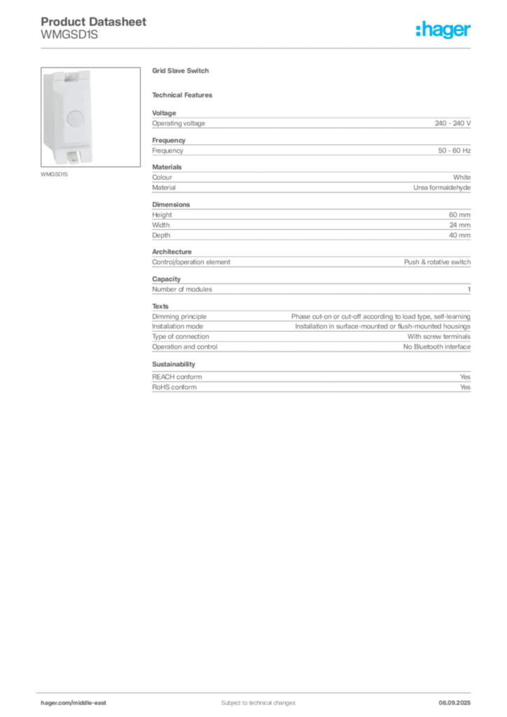 Image Hager Product data sheet WMGSD1S  | Hager