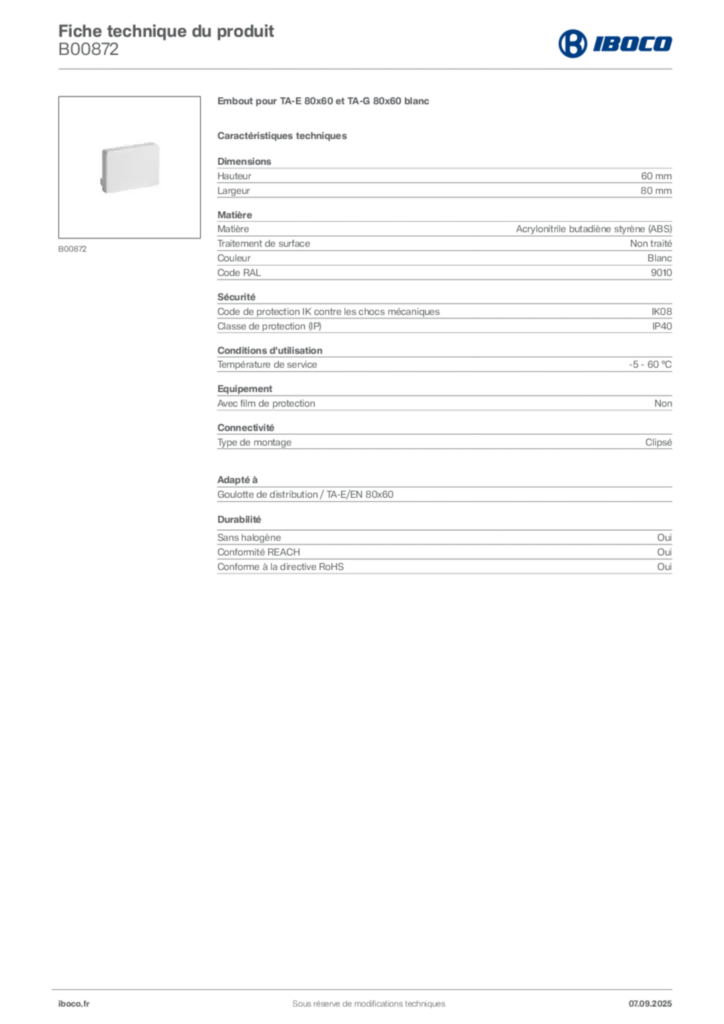 Image Iboco Fiche technique du produit B00872 | Hager France