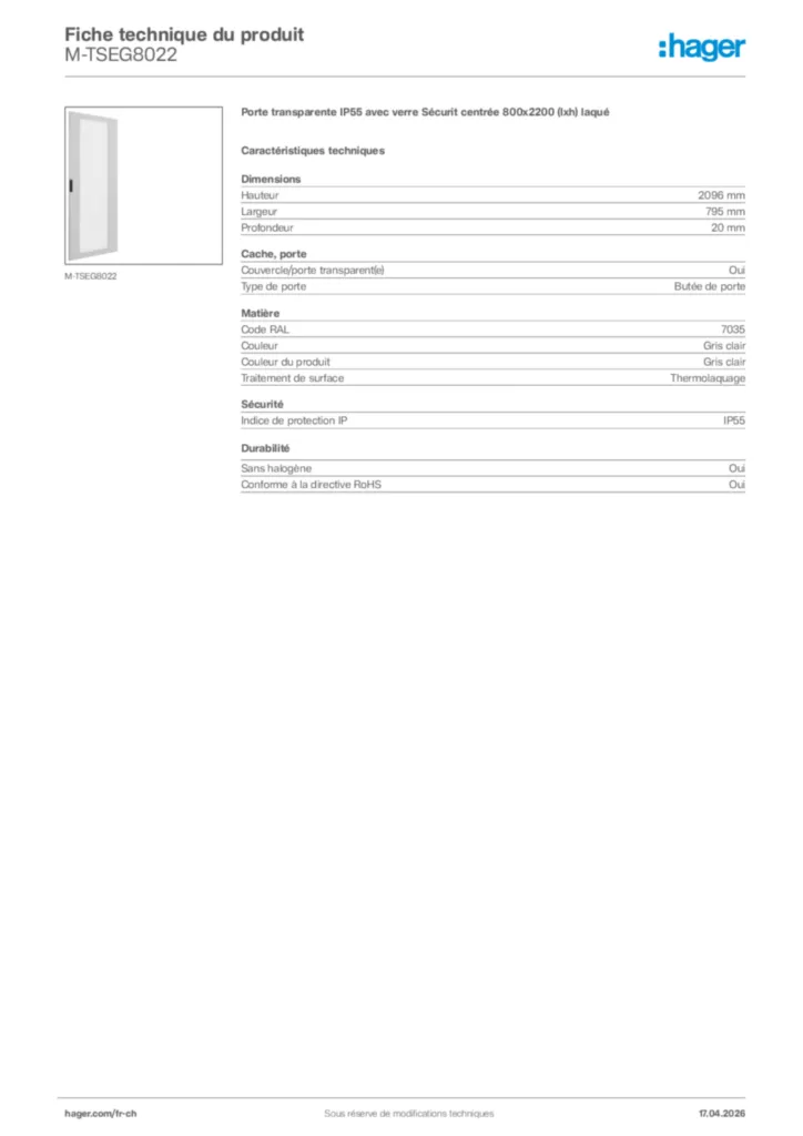 Image Hager Fiche technique du produit M-TSEG8022 | Hager Suisse