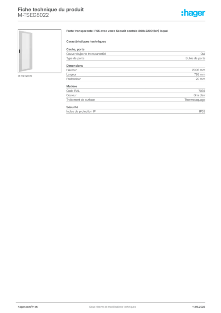 Image Hager Fiche technique du produit M-TSEG8022 | Hager Suisse