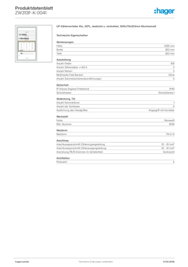 Bild Hager Produktdatenblatt ZW313F-K-0041 | Hager Deutschland