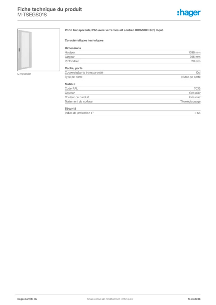 Image Hager Fiche technique du produit M-TSEG8018 | Hager Suisse