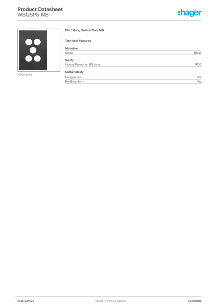 Image Hager Product data sheet WBQSP5-MB  | Hager Australia