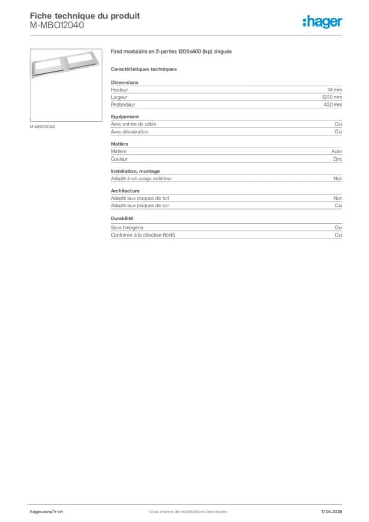 Image Hager Fiche technique du produit M-MBO12040 | Hager Suisse