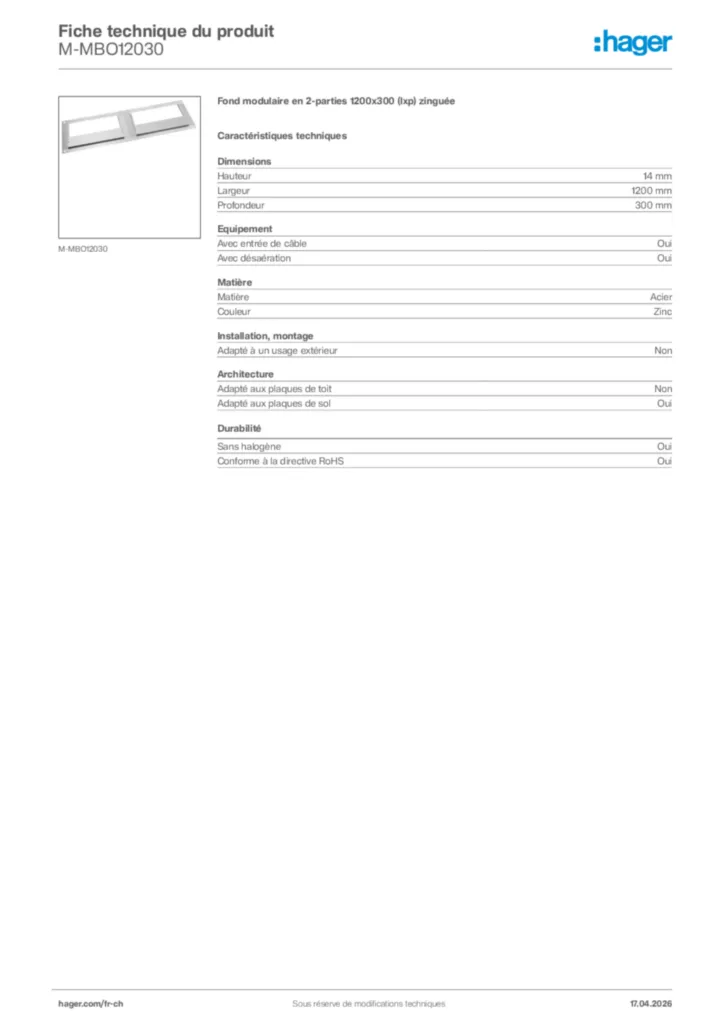 Image Hager Fiche technique du produit M-MBO12030 | Hager Suisse