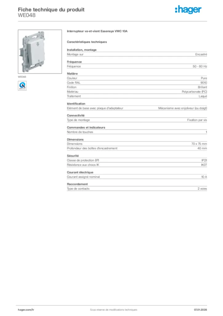 Image Hager Fiche technique du produit WE048 | Hager France