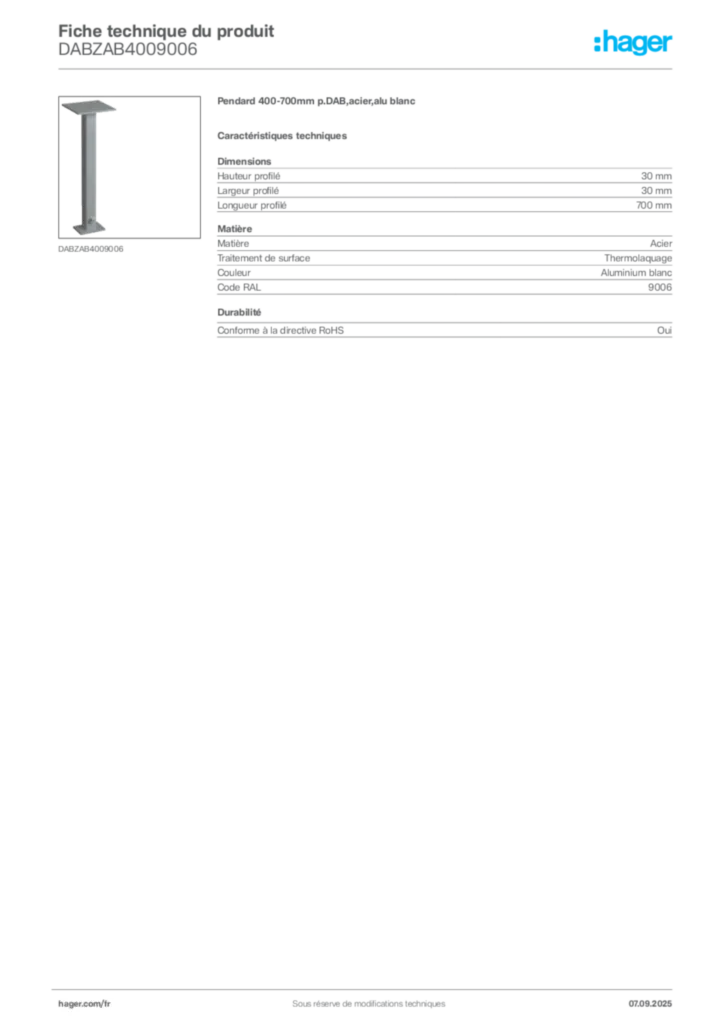 Image Hager Fiche technique du produit DABZAB4009006 | Hager France