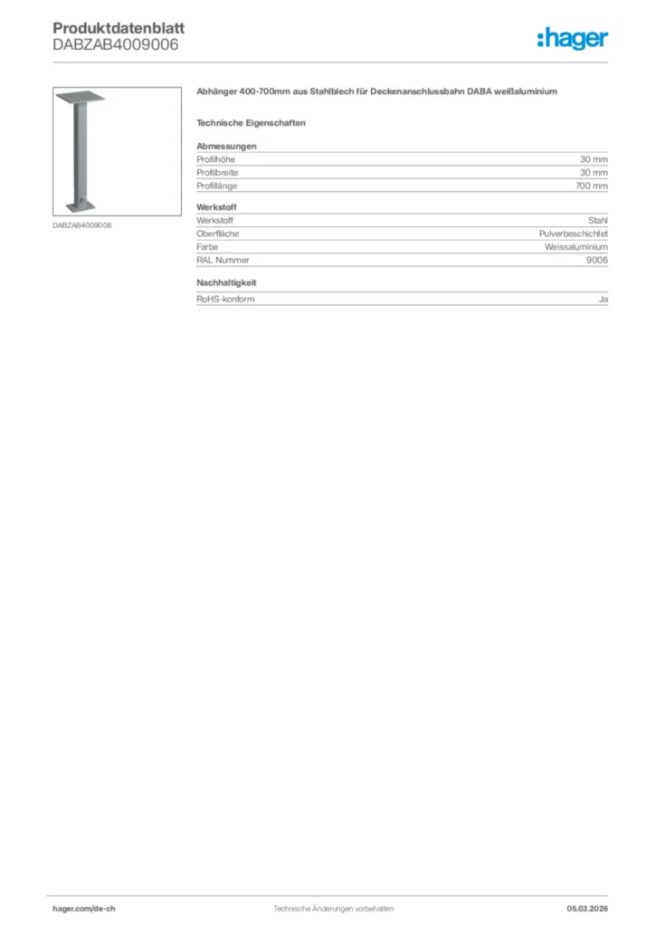 Bild Hager Produktdatenblatt DABZAB4009006 | Hager Schweiz
