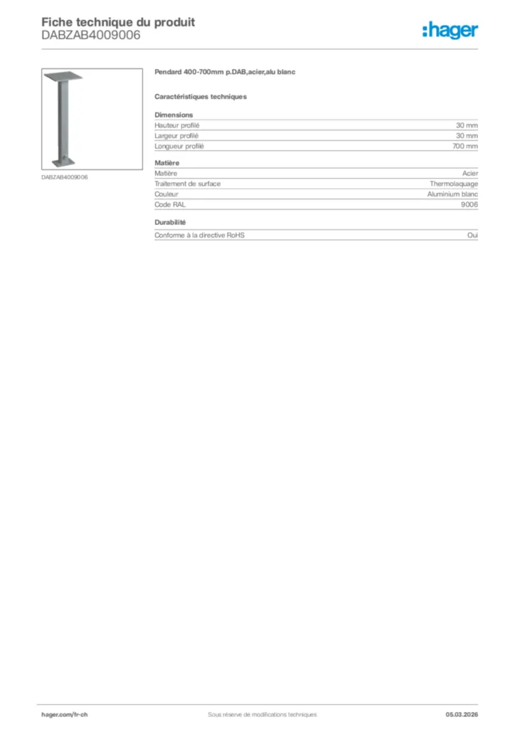Image Hager Fiche technique du produit DABZAB4009006 | Hager Suisse