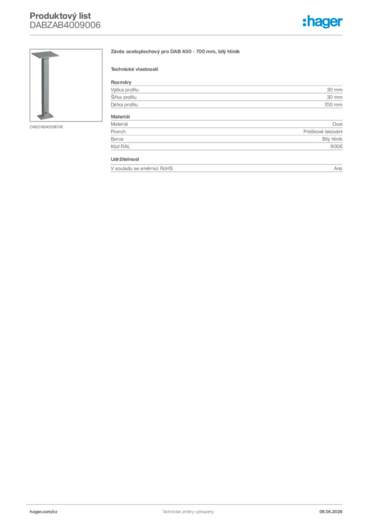 Obrázek Hager Product data sheet DABZAB4009006 | Hager