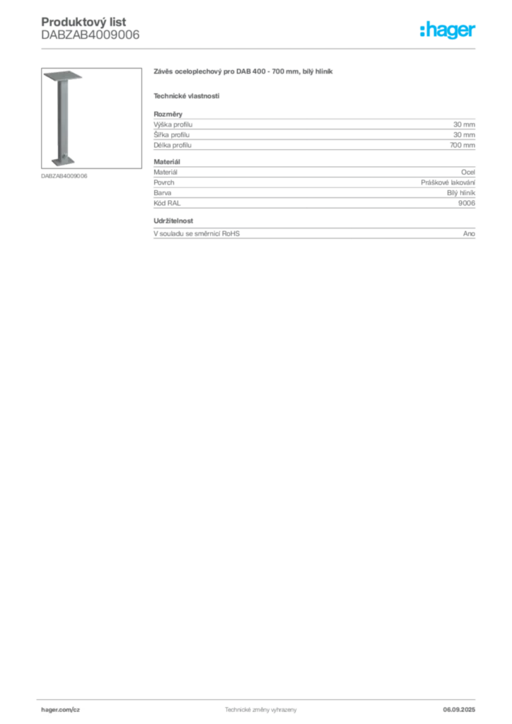 Obrázek Hager Produktový list DABZAB4009006 | Hager
