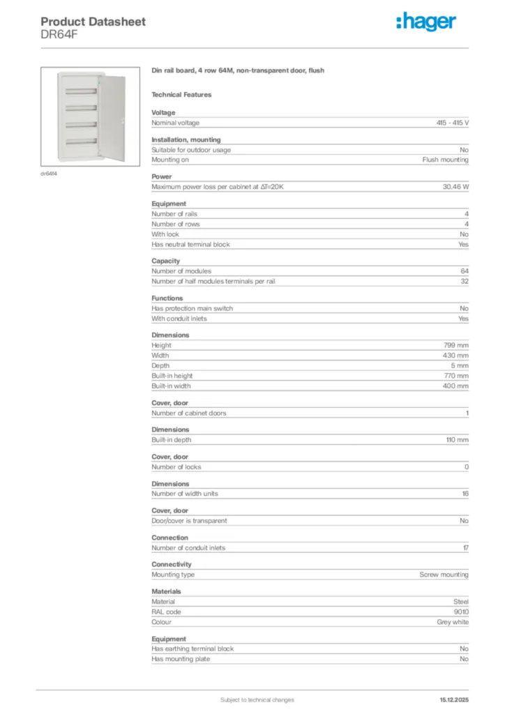Image Hager Product data sheet DR64F  | Hager Africa