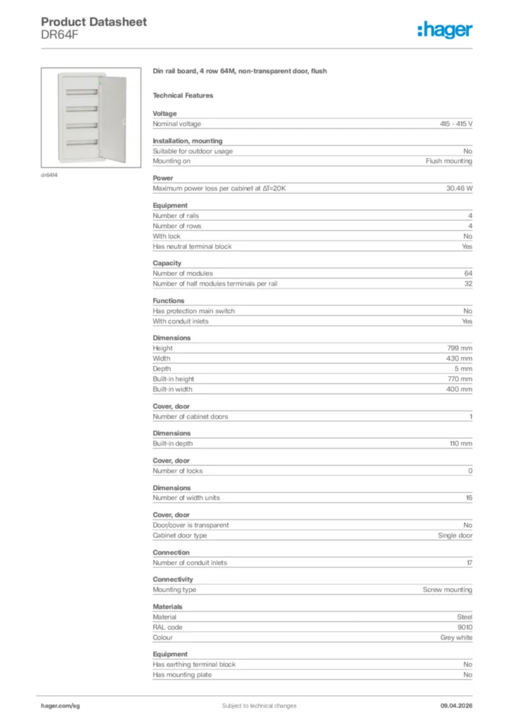 Image Hager Product data sheet DR64F  | Hager