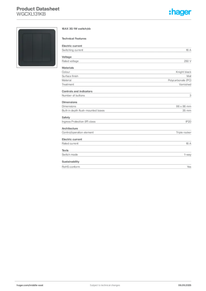 Image Hager Product data sheet WGCXL131KB  | Hager
