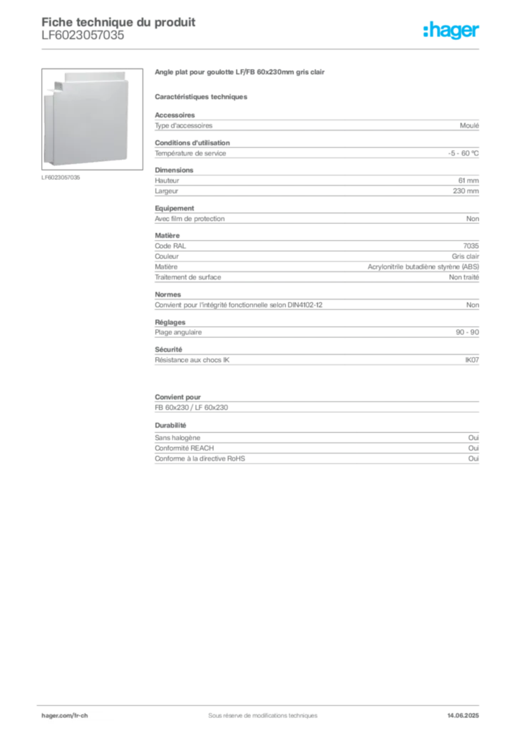 Image Hager Fiche technique du produit LF6023057035 | Hager Suisse