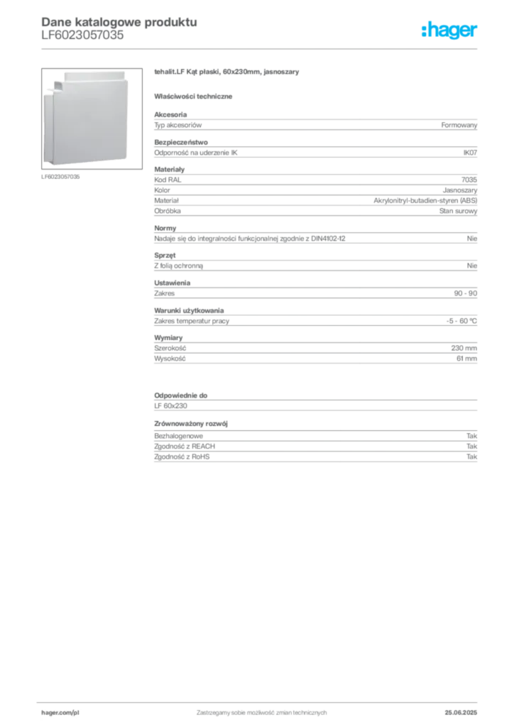 Zdjęcie Hager Karta katalogowa LF6023057035 | Hager Polska